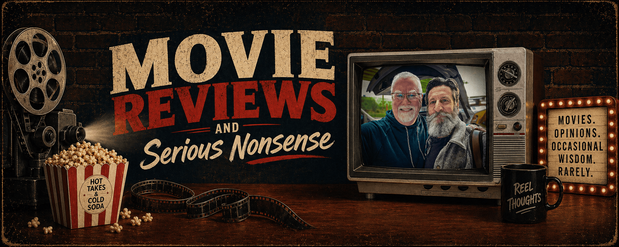 Movie Reviews and Serious Nonsense podcast banner, with Greg Dyro and Tom Burka pictured on a vintage television